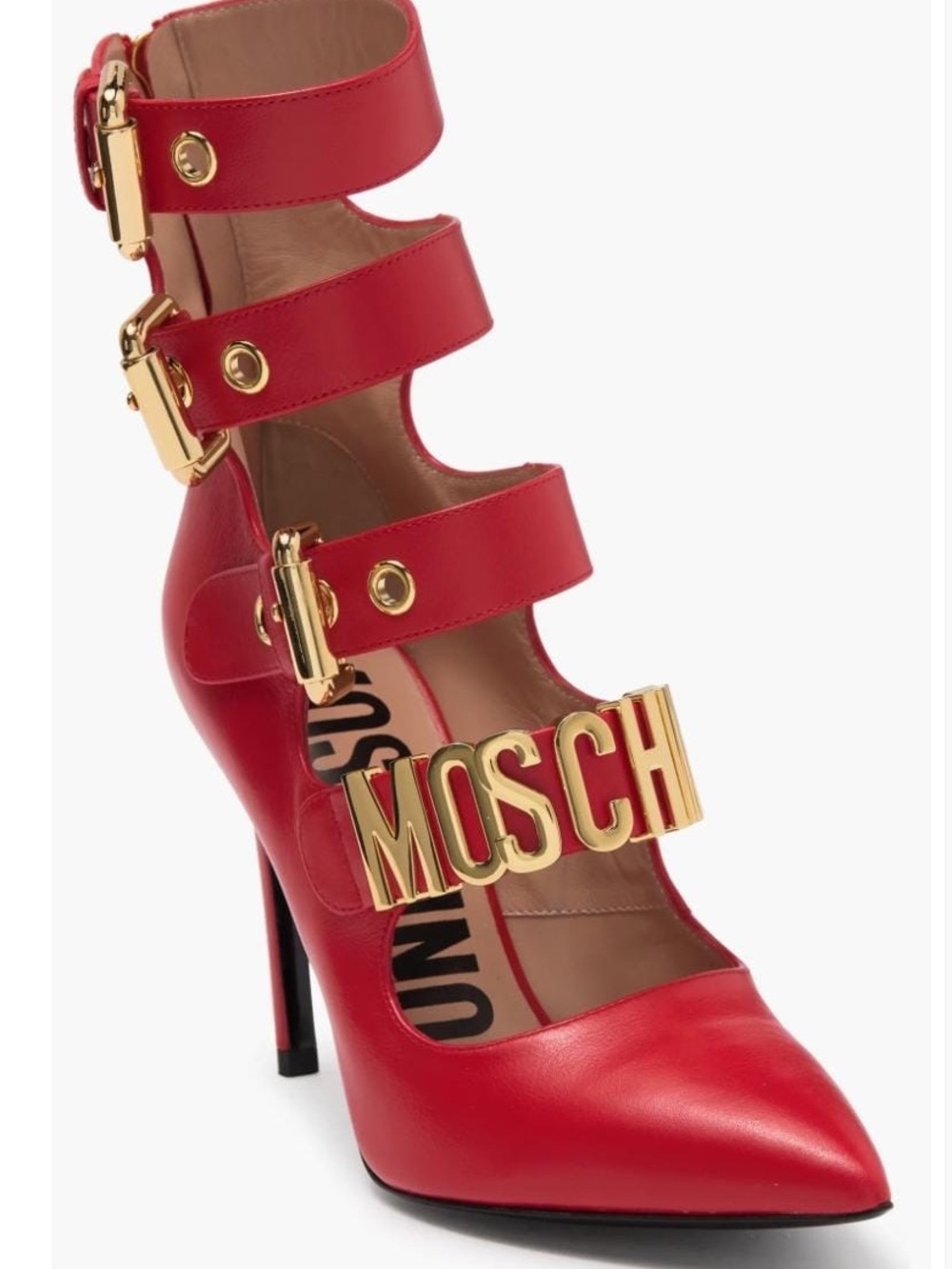 Moschino Red Leather Multi-Strap Gold-Logo Pointed Pump